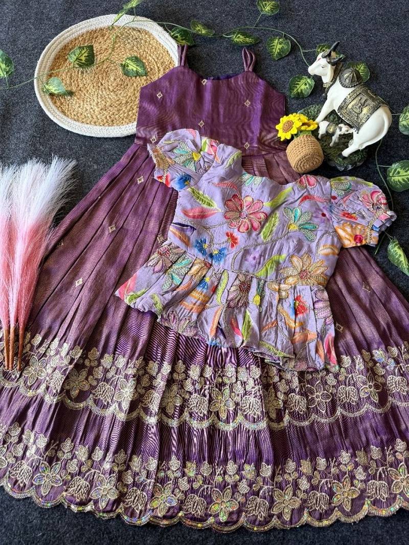 Designer tissue silk embroidered work gown with koti for kids