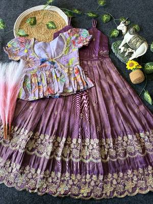 Designer tissue silk embroidered work gown with koti for kids 2
