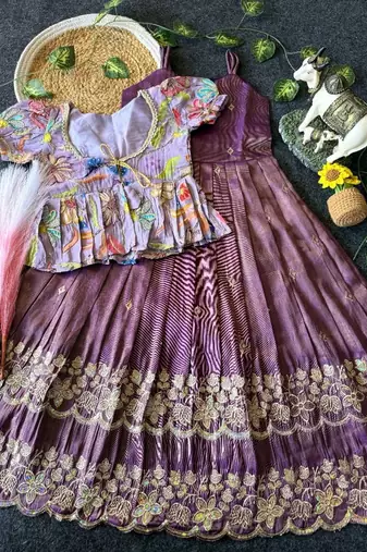 Designer tissue silk embroidered work gown with koti for kids