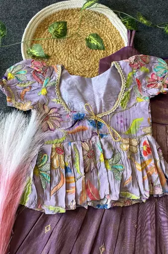 Designer tissue silk embroidered work gown with koti for kids