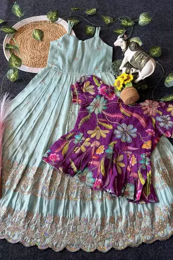 Designer tissue silk embroidered work gown with koti for kids