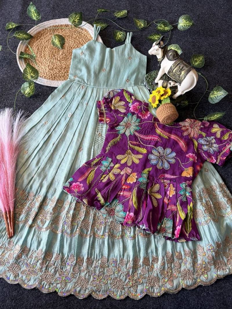 Designer tissue silk embroidered work gown with koti for kids
