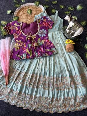 Designer tissue silk embroidered work gown with koti for kids 2