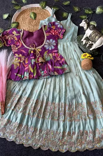 Designer tissue silk embroidered work gown with koti for kids