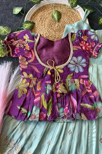 Designer tissue silk embroidered work gown with koti for kids