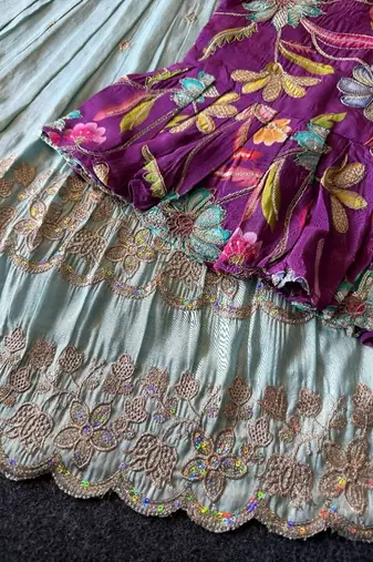 Designer tissue silk embroidered work gown with koti for kids