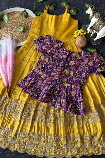 Designer tissue silk embroidered work gown with koti for kids