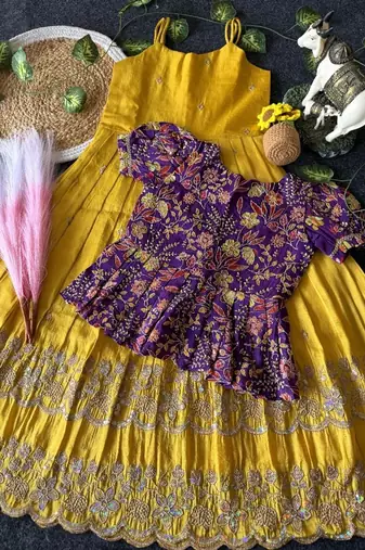 Designer tissue silk embroidered work gown with koti for kids