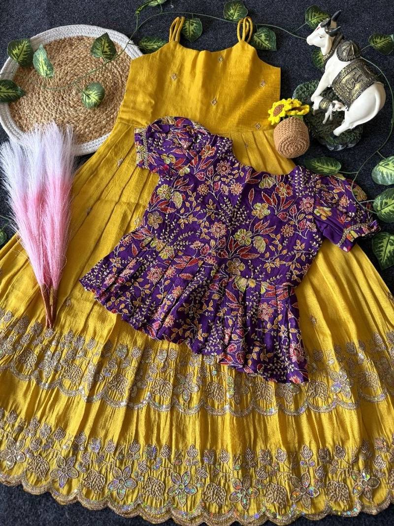 Designer tissue silk embroidered work gown with koti for kids