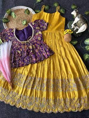 Designer tissue silk embroidered work gown with koti for kids 2