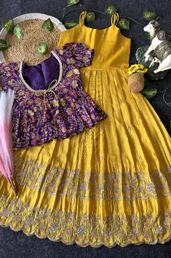 Designer tissue silk embroidered work gown with koti for kids