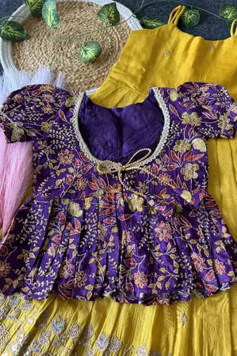 Designer tissue silk embroidered work gown with koti for kids