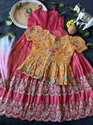 Designer tissue silk embroidered work gown with koti for kids 1