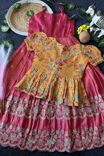 Designer tissue silk embroidered work gown with koti for kids