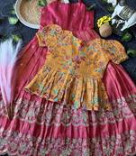 Designer tissue silk embroidered work gown with koti for kids