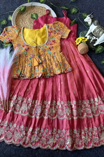 Designer tissue silk embroidered work gown with koti for kids