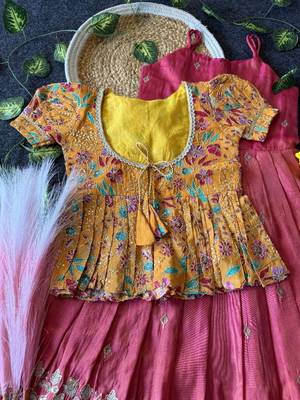Designer tissue silk embroidered work gown with koti for kids 3
