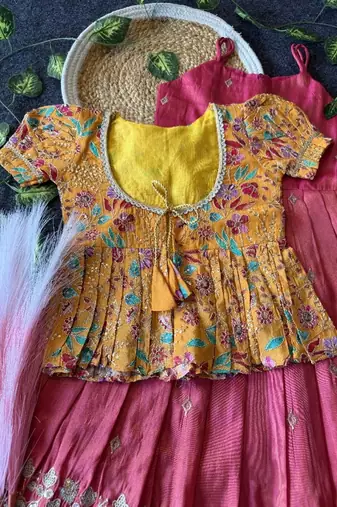 Designer tissue silk embroidered work gown with koti for kids