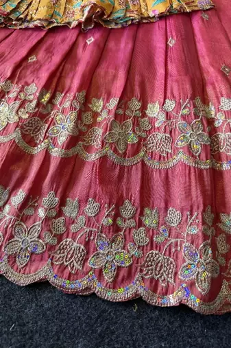 Designer tissue silk embroidered work gown with koti for kids