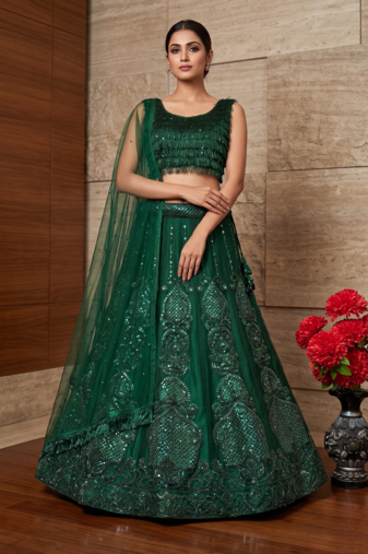 Women’s Elegant Emerald Green Sequins Embroidered Lehenga Choli Set with Net Dupatta