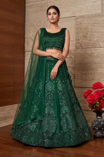 Women’s Elegant Emerald Green Sequins Embroidered Lehenga Choli Set with Net Dupatta