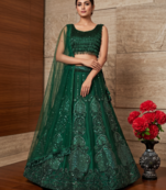 Women’s Elegant Emerald Green Sequins Embroidered Lehenga Choli Set with Net Dupatta