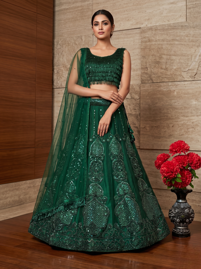 Women’s Elegant Emerald Green Sequins Embroidered Lehenga Choli Set with Net Dupatta