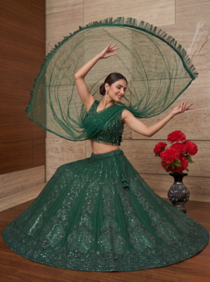 Women   s Elegant Emerald Green Sequins Embroidered Lehenga Choli Set with Net Dupatta 2