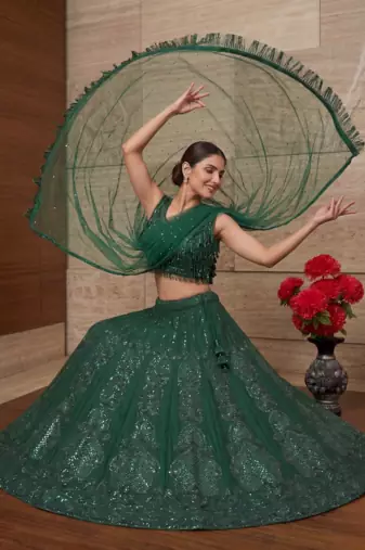 Women   s Elegant Emerald Green Sequins Embroidered Lehenga Choli Set with Net Dupatta