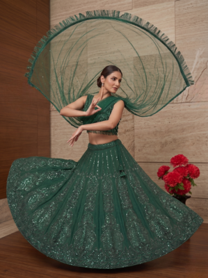 Women   s Elegant Emerald Green Sequins Embroidered Lehenga Choli Set with Net Dupatta 3