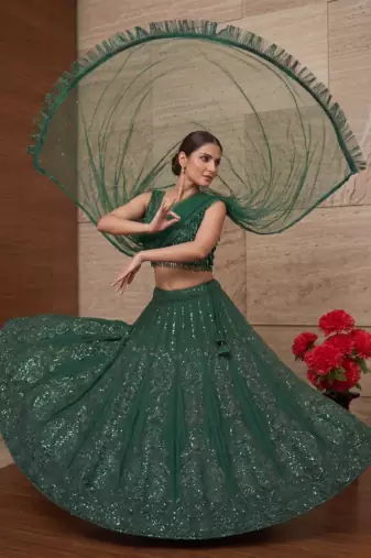 Women   s Elegant Emerald Green Sequins Embroidered Lehenga Choli Set with Net Dupatta