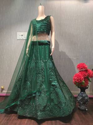 Women   s Elegant Emerald Green Sequins Embroidered Lehenga Choli Set with Net Dupatta 4