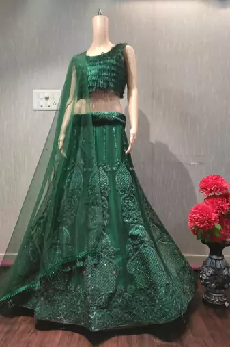 Women   s Elegant Emerald Green Sequins Embroidered Lehenga Choli Set with Net Dupatta