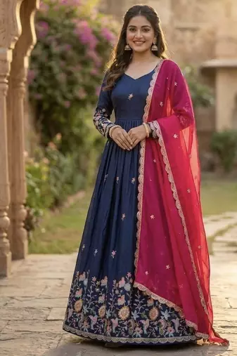 navy blue embroidered anarkali gown with pink dupatta