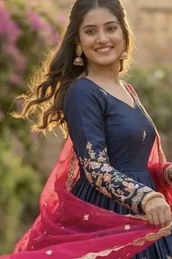navy blue embroidered anarkali gown with pink dupatta