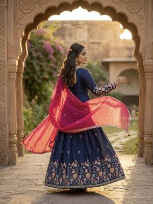 navy blue embroidered anarkali gown with pink dupatta 3