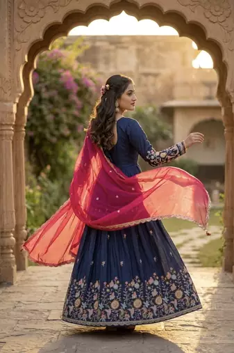 navy blue embroidered anarkali gown with pink dupatta