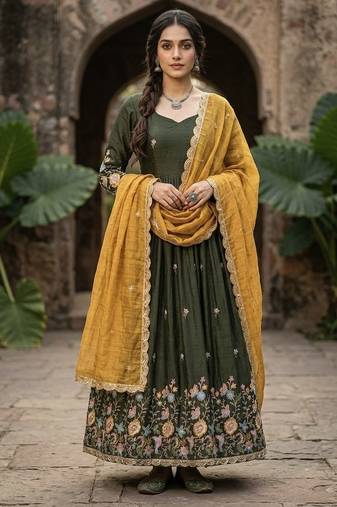 green embroidered anarkali gown with dupatta