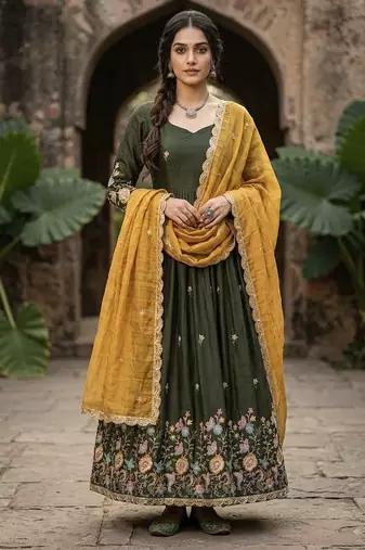 green embroidered anarkali gown with dupatta