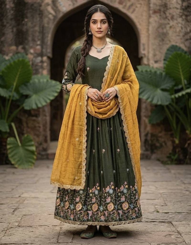 green embroidered anarkali gown with dupatta