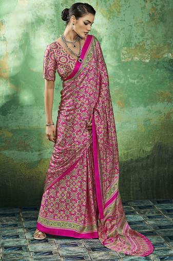 Pink modal satin ajrakh print saree