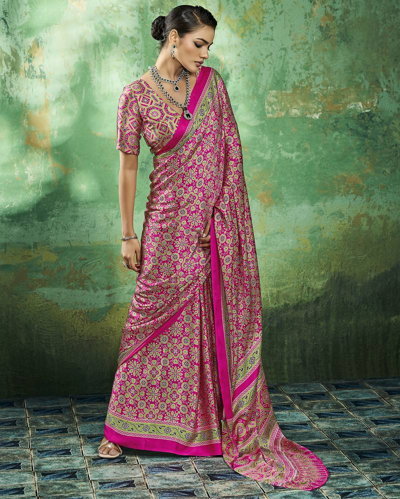 Pink modal satin ajrakh print saree