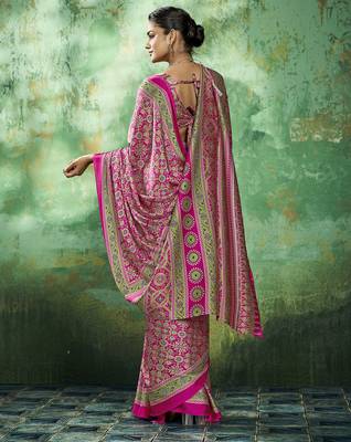Pink modal satin ajrakh print saree 2