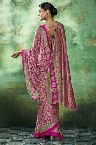 Pink modal satin ajrakh print saree