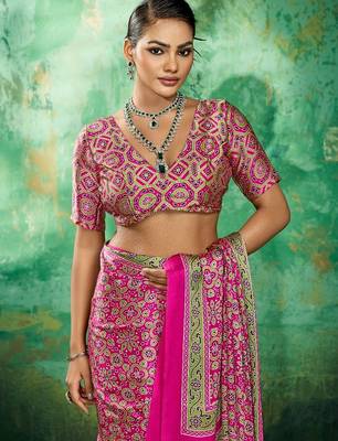 Pink modal satin ajrakh print saree 3