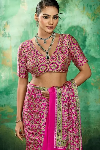 Pink modal satin ajrakh print saree