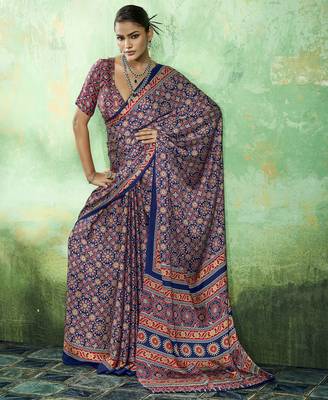Blue modal satin ajrakh print saree 1