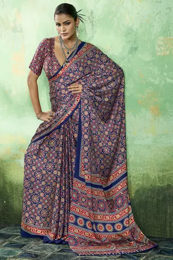 Blue modal satin ajrakh print saree