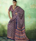 Blue modal satin ajrakh print saree