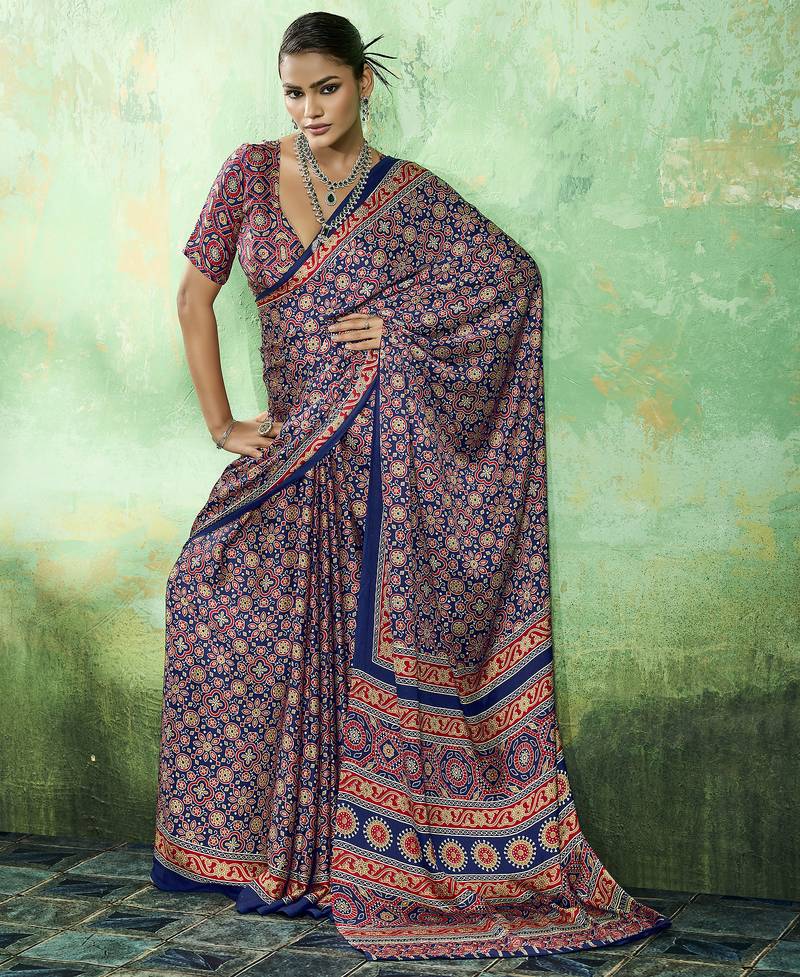 Blue modal satin ajrakh print saree